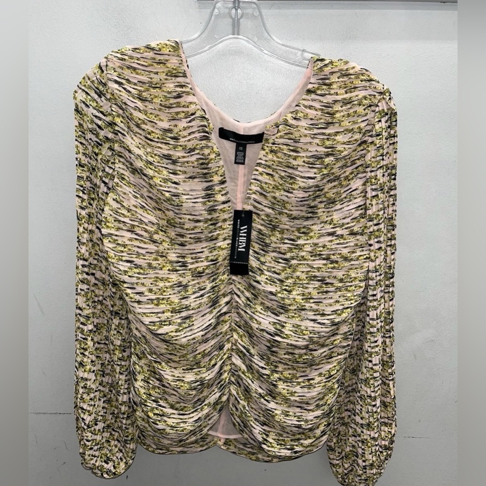 White House Black Market Pink and Olive Ruched Front Blouse